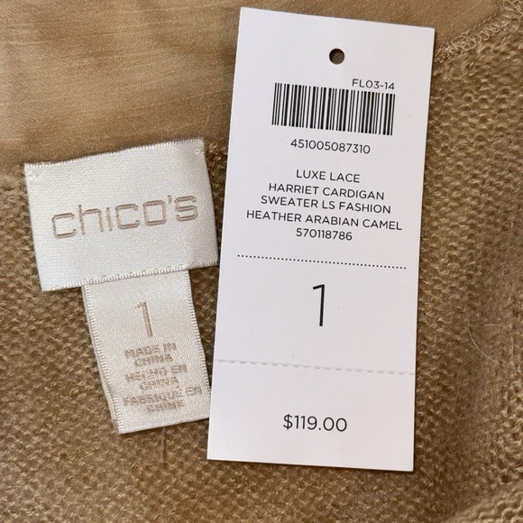 Chicos Luxe Lace Harriet Cardigan Sweater Camel Womens Size 1 (M/8) Wool Mohair - Picture 10 of 11